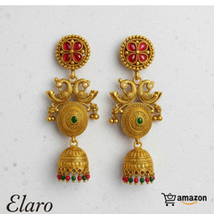EL ARO Gold-Plated Jhumka Earrings with Ruby & Emerald Accents