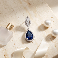 Elegant Pear-Cut Blue Sapphire Dangle Earrings - Silver Tone Halo Drops
