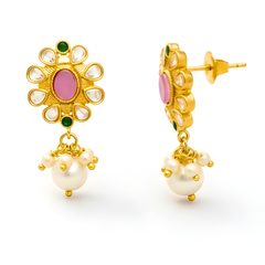 EL ARO Kundan Floral Stud Earrings with Pink Stone & Pearl Drop