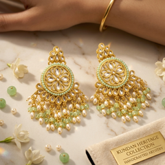 EL ARO Gold Kundan Chandbali Earrings with Mint Green Beads & Pearl Fringe