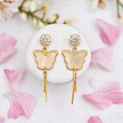 EL ARO Gold Shell Butterfly & CZ Solitaire Tassel Drop Earrings