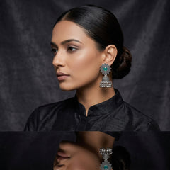 EL ARO Oxidised Silver Sunflower Jhumka Earrings with Green Peacock Eye Stone