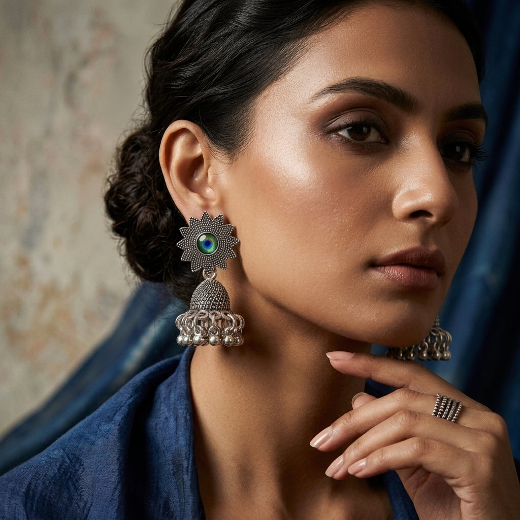 EL ARO Oxidised Silver Sunflower Jhumka Earrings with Green Peacock Eye Stone