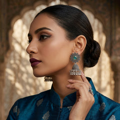 EL ARO Oxidised Silver Sunflower Jhumka Earrings with Green Peacock Eye Stone