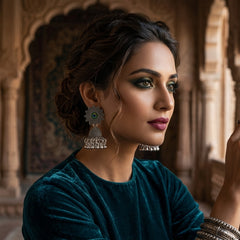 EL ARO Oxidised Silver Sunflower Jhumka Earrings with Green Peacock Eye Stone