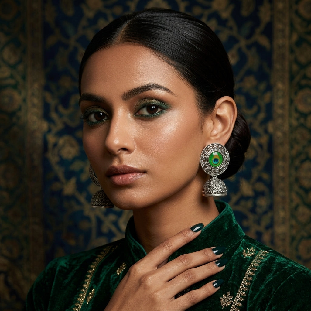 EL ARO Oxidised Silver Filigree Round Peacock Eye Jhumka Earrings