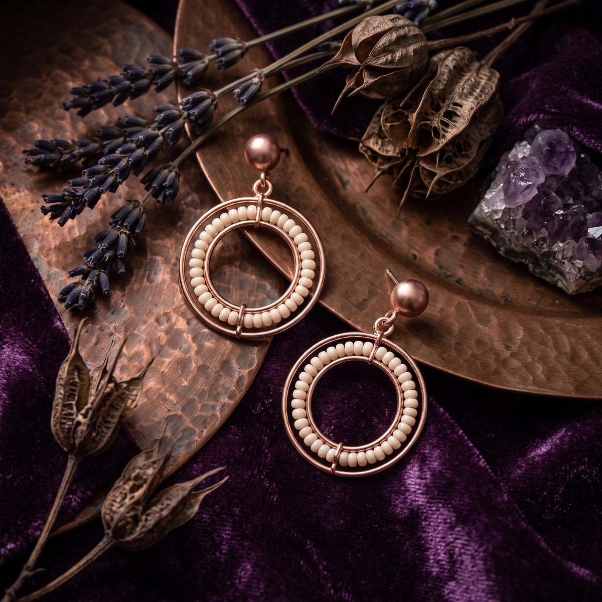 EL ARO Rose Gold Beaded Circle Hoop Drop Earrings