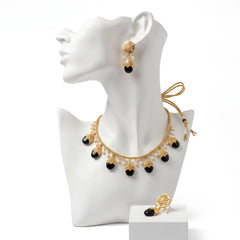 EL ARO Gold Floral Jhumka Necklace Set with Pink, Purple & Black Bead Drops