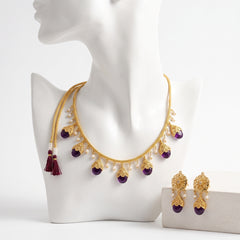 EL ARO Gold Floral Jhumka Necklace Set with Pink, Purple & Black Bead Drops