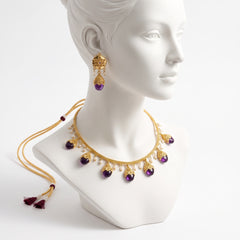 EL ARO Gold Floral Jhumka Necklace Set with Pink, Purple & Black Bead Drops