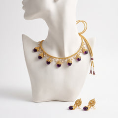 EL ARO Gold Floral Jhumka Necklace Set with Pink, Purple & Black Bead Drops