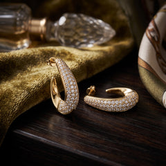 EL ARO Elegant Gold Tear-Drop Hoop Earrings with Encrusted Pavé Zirconia Stones