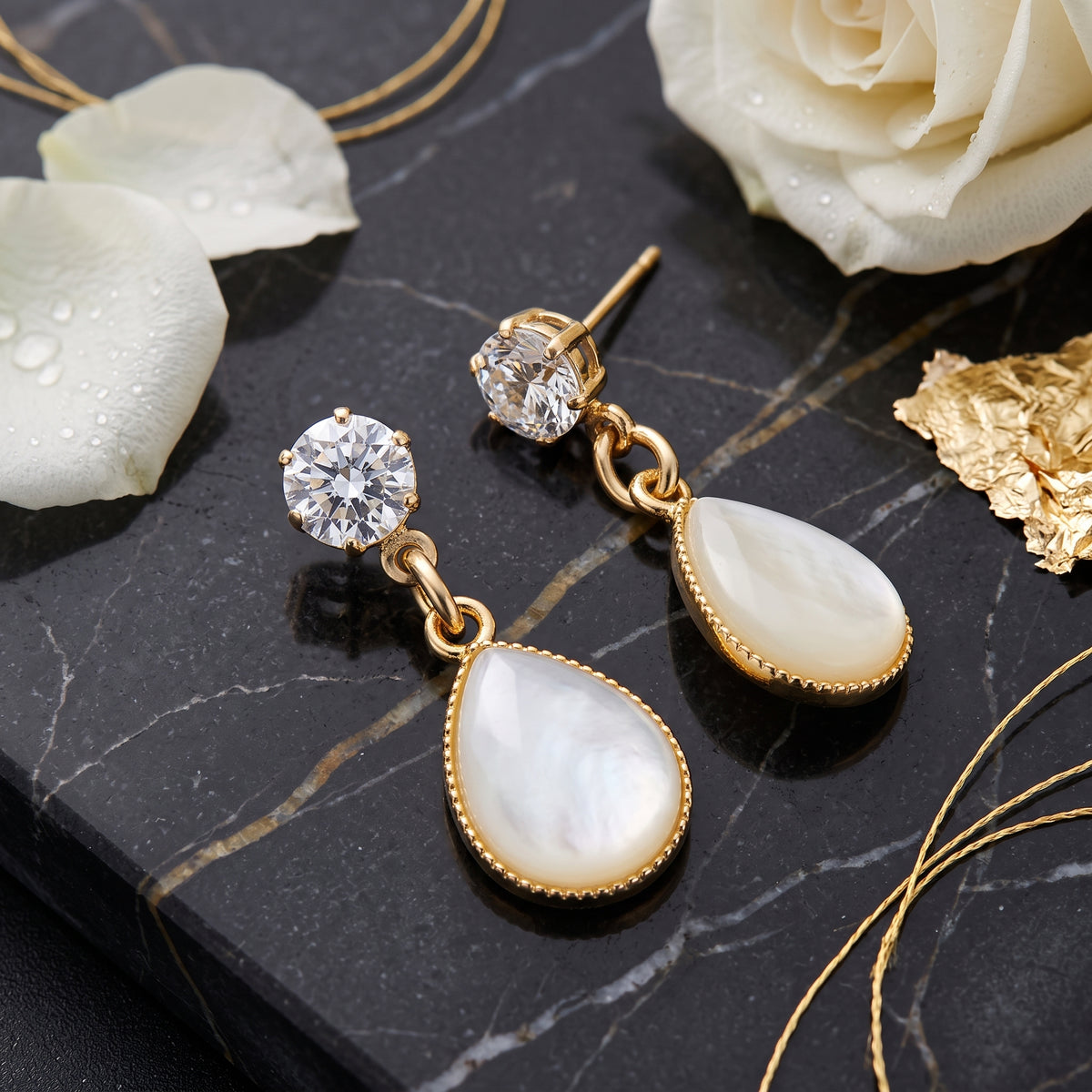 EL ARO Gold CZ Solitaire & Cream Enamel Teardrop Bali Earrings