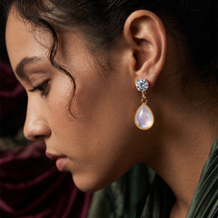 EL ARO Gold CZ Solitaire & Cream Enamel Teardrop Bali Earrings