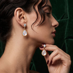 EL ARO Gold CZ Solitaire & Cream Enamel Teardrop Bali Earrings