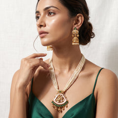 Elaro Pearl Strand Necklace & Jhumka Earrings Set with Peacock Pendant