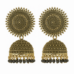 EL ARO Vintage Antique Gold Starburst Jhumka Earrings with Black Beads