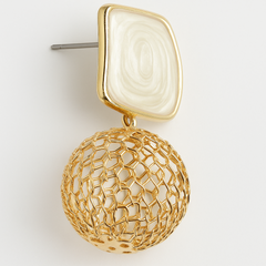 EL ARO Cream Enamel & Gold Mesh Ball Drop Earrings
