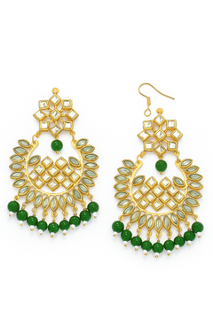 EL ARO Gold Kundan Chandbali Earrings & Maang Tikka Set with Ruby pink Bead Drops