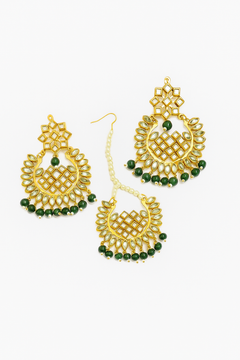 EL ARO Gold Kundan Chandbali Earrings & Maang Tikka Set with Ruby pink Bead Drops