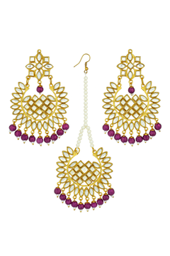EL ARO Gold Kundan Chandbali Earrings & Maang Tikka Set with Ruby pink Bead Drops