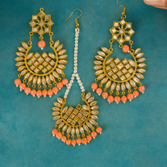 EL ARO Gold Kundan Chandbali Earrings & Maang Tikka Set with Ruby pink Bead Drops