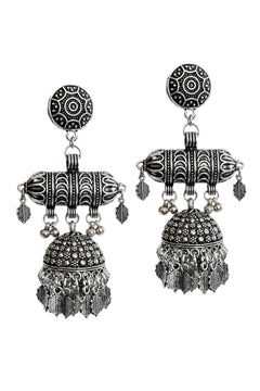 EL ARO Bohemian Antique Silver Jhumka Drop Earrings with Hanging Leaf Accents
