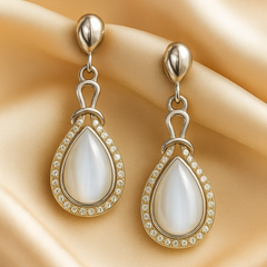 Elaro Silver Moonstone Teardrop Drop Earrings with CZ Halo