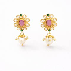 EL ARO Elegant Pink Kundan Floral Drop Earrings with Pearl Hangings