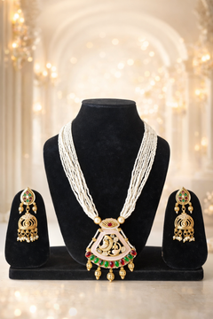 Elaro Pearl Strand Necklace & Jhumka Earrings Set with Peacock Pendant