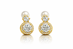 Elaro Luxury Pearl & CZ Halo Drop Earrings — Gold Bridal Collection