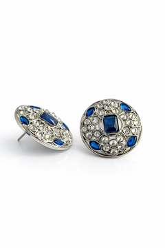 EL ARO Silver Round Stud Earrings with Sapphire Blue & CZ Stones