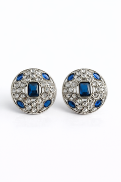 EL ARO Silver Round Stud Earrings with Sapphire Blue & CZ Stones