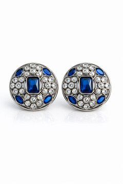 EL ARO Silver Round Stud Earrings with Sapphire Blue & CZ Stones