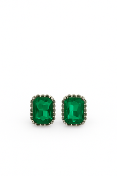 EL ARO Vintage Silver Emerald-Cut Green Crystal Stud Earrings with Marcasite Border