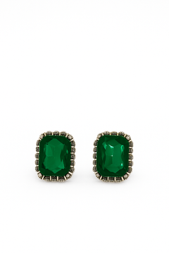 EL ARO Vintage Silver Emerald-Cut Green Crystal Stud Earrings with Marcasite Border