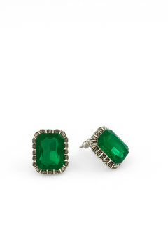 EL ARO Vintage Silver Emerald-Cut Green Crystal Stud Earrings with Marcasite Border