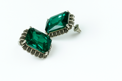 EL ARO Vintage Silver Emerald-Cut Green Crystal Stud Earrings with Marcasite Border