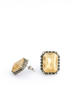 EL ARO Vintage Silver Emerald-Cut Green Crystal Stud Earrings with Marcasite Border