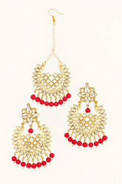EL ARO Gold Kundan Chandbali Earrings & Maang Tikka Set with Ruby pink Bead Drops
