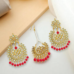 EL ARO Gold Kundan Chandbali Earrings & Maang Tikka Set with Ruby pink Bead Drops