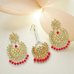 EL ARO Gold Kundan Chandbali Earrings & Maang Tikka Set with Ruby pink Bead Drops