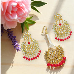 EL ARO Gold Kundan Chandbali Earrings & Maang Tikka Set with Ruby pink Bead Drops
