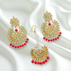 EL ARO Gold Kundan Chandbali Earrings & Maang Tikka Set with Ruby pink Bead Drops