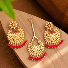 EL ARO Gold Kundan Chandbali Earrings & Maang Tikka Set with Ruby pink Bead Drops