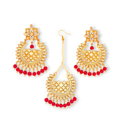 EL ARO Gold Kundan Chandbali Earrings & Maang Tikka Set with Ruby pink Bead Drops