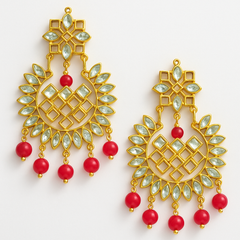 EL ARO Gold Kundan Chandbali Earrings & Maang Tikka Set with Ruby pink Bead Drops