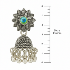 EL ARO Oxidised Silver Sunflower Jhumka Earrings with Green Peacock Eye Stone