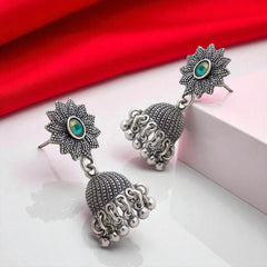 EL ARO Oxidised Silver Sunflower Jhumka Earrings with Green Peacock Eye Stone