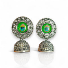 EL ARO Oxidised Silver Filigree Round Peacock Eye Jhumka Earrings